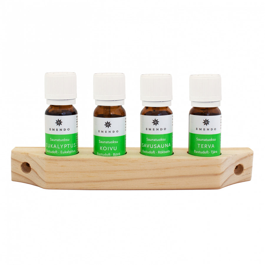 Saunadufte 4×10 ml, inkl displayhylde i træ